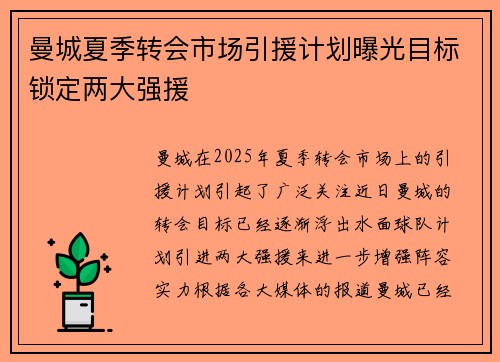 曼城夏季转会市场引援计划曝光目标锁定两大强援