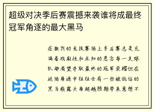 超级对决季后赛震撼来袭谁将成最终冠军角逐的最大黑马