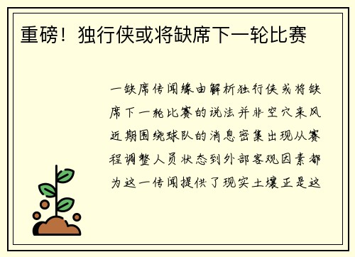 重磅！独行侠或将缺席下一轮比赛