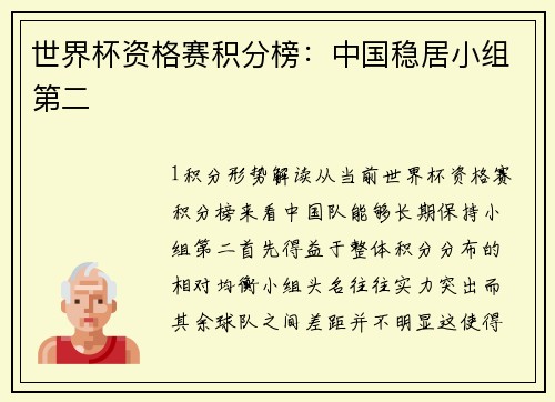世界杯资格赛积分榜：中国稳居小组第二